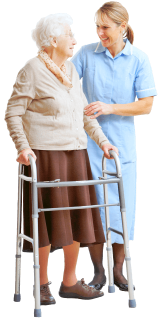 caregiver assisting elder woman in walking