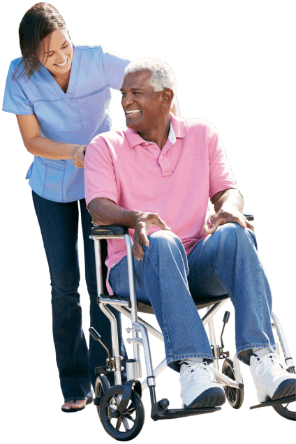 caregiver assisting elder man in wheelchair